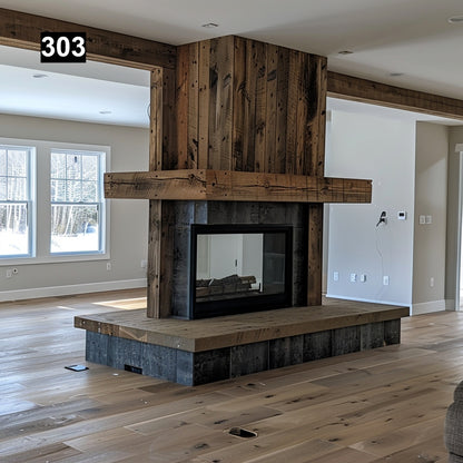 Custom reclaimed wood beam fireplace mantel wrap around