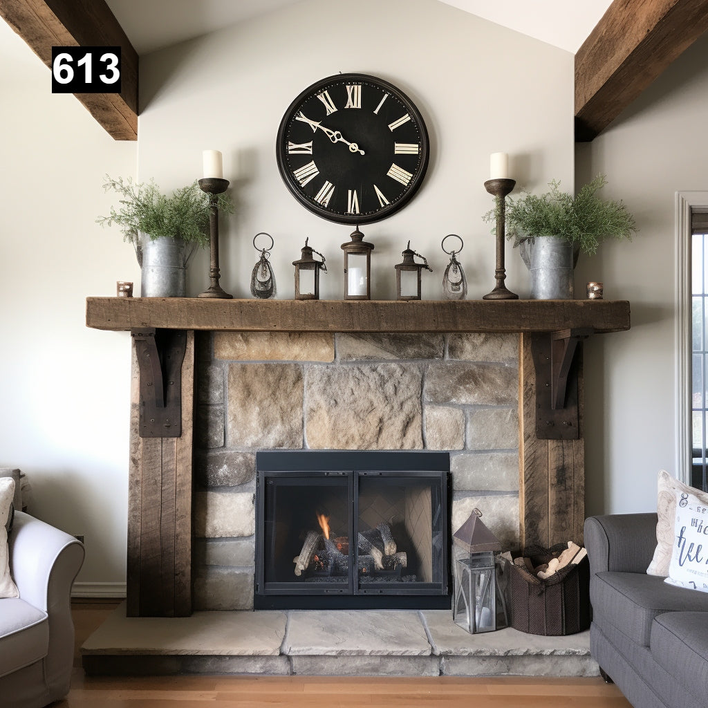 Custom reclaimed wood beam fireplace mantel with iron accents