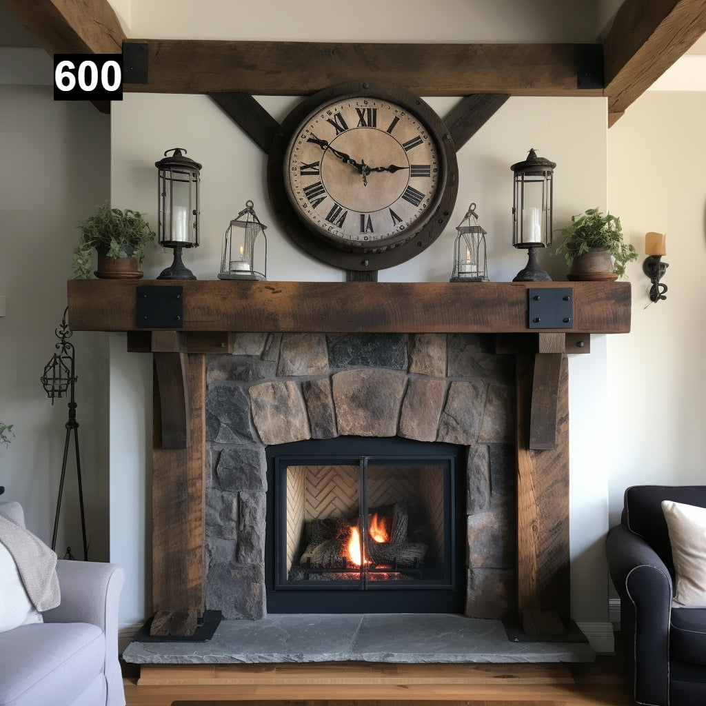 Custom reclaimed wood beam fireplace mantel with iron accents