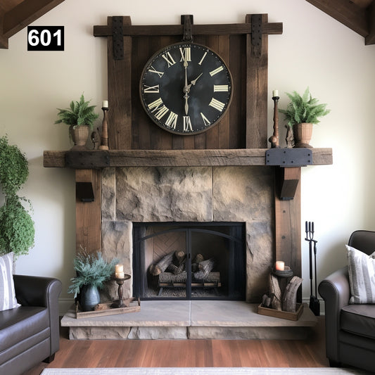 Rustic Reclaimed Wood Beam Mantel with Elegant Iron Accents #601