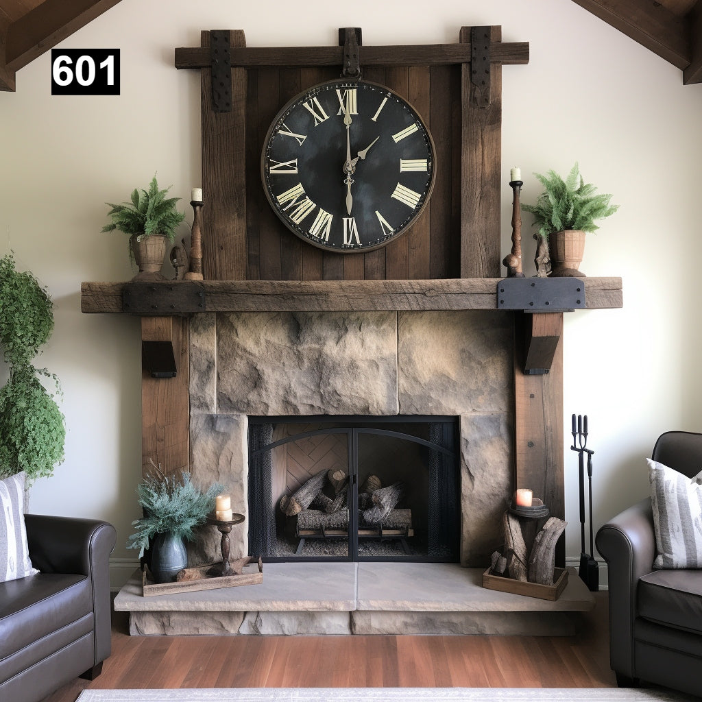 Custom reclaimed wood beam fireplace mantel with iron accents