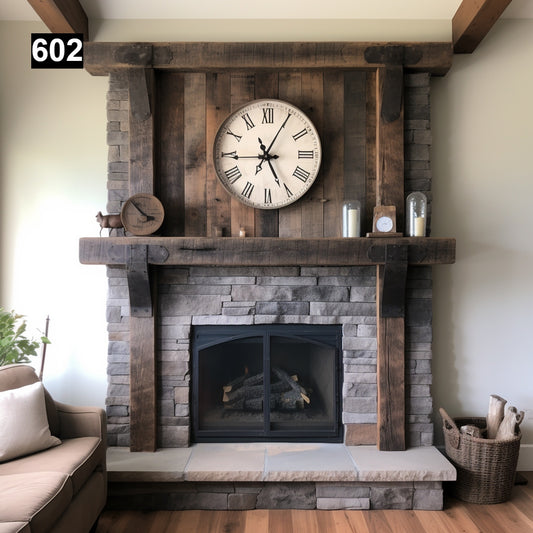 Rustic Reclaimed Wood Beam Mantel with Elegant Iron Accents #602