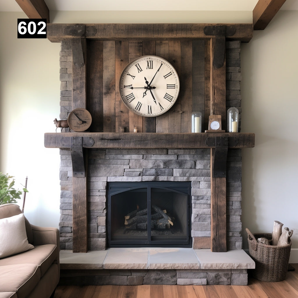 Custom reclaimed wood beam fireplace mantel with iron accents