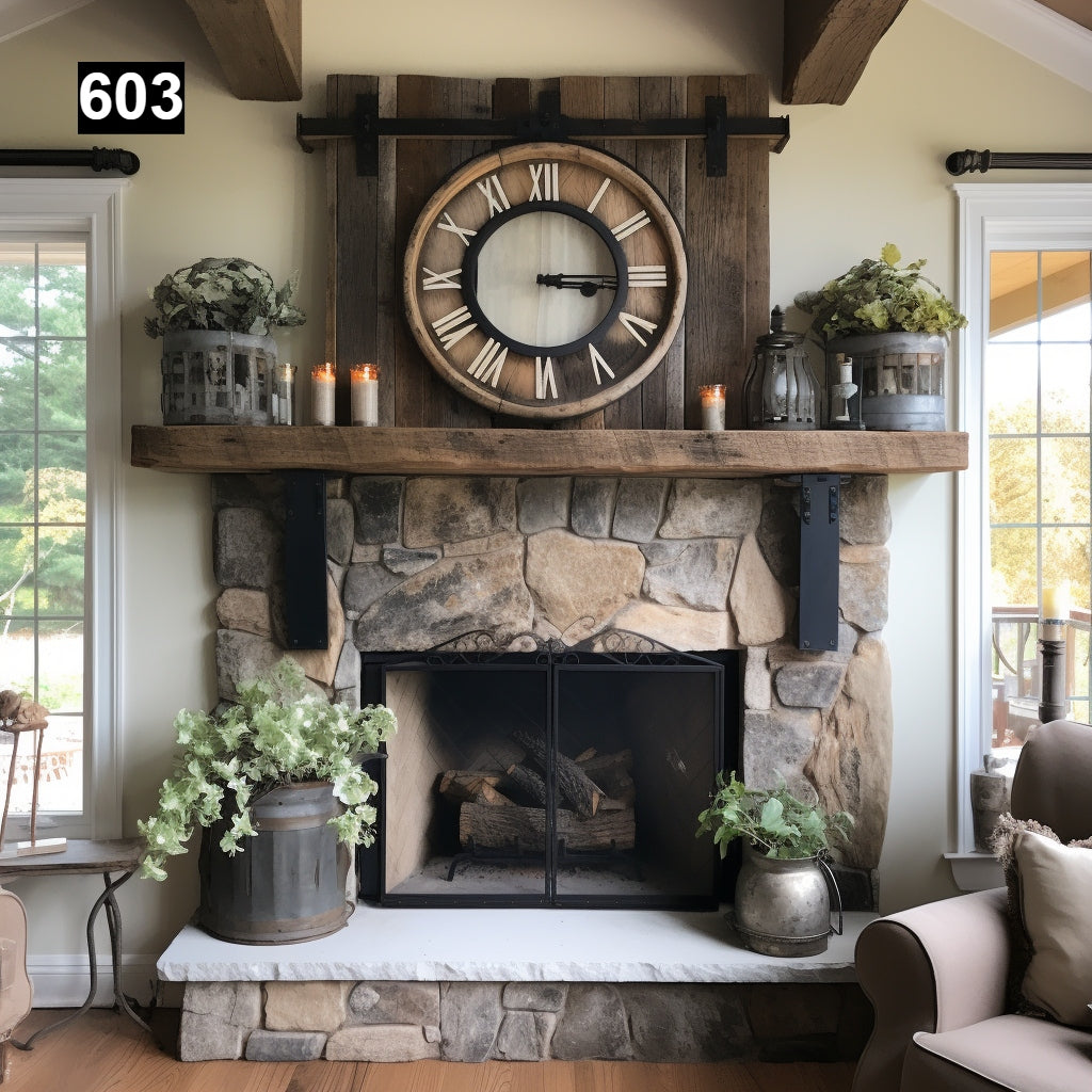 Custom reclaimed wood beam fireplace mantel with iron accents