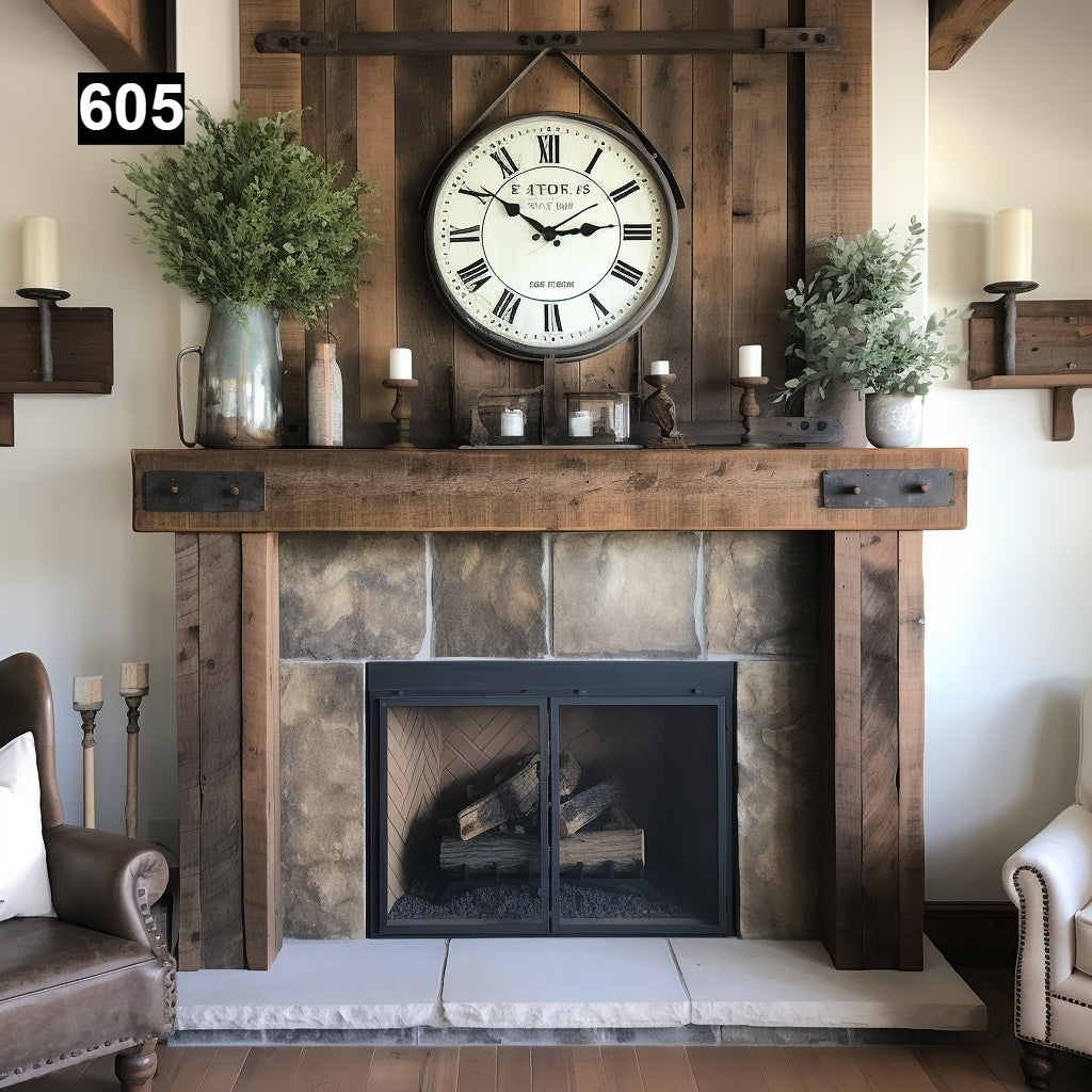 Custom reclaimed wood beam fireplace mantel with iron accents