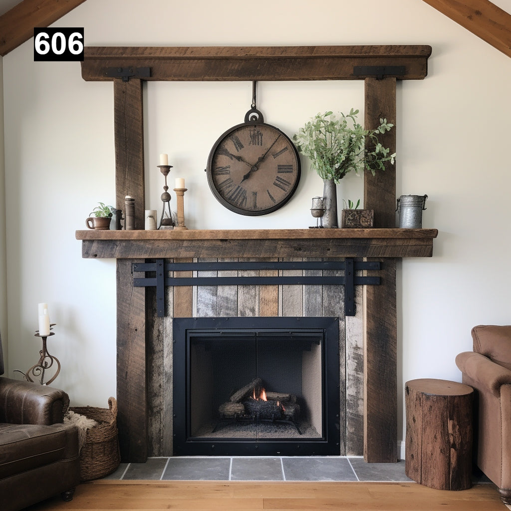 Custom reclaimed wood beam fireplace mantel with iron accents