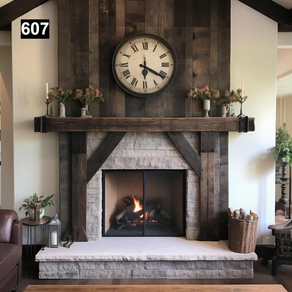 Custom reclaimed wood beam fireplace mantel with iron accents