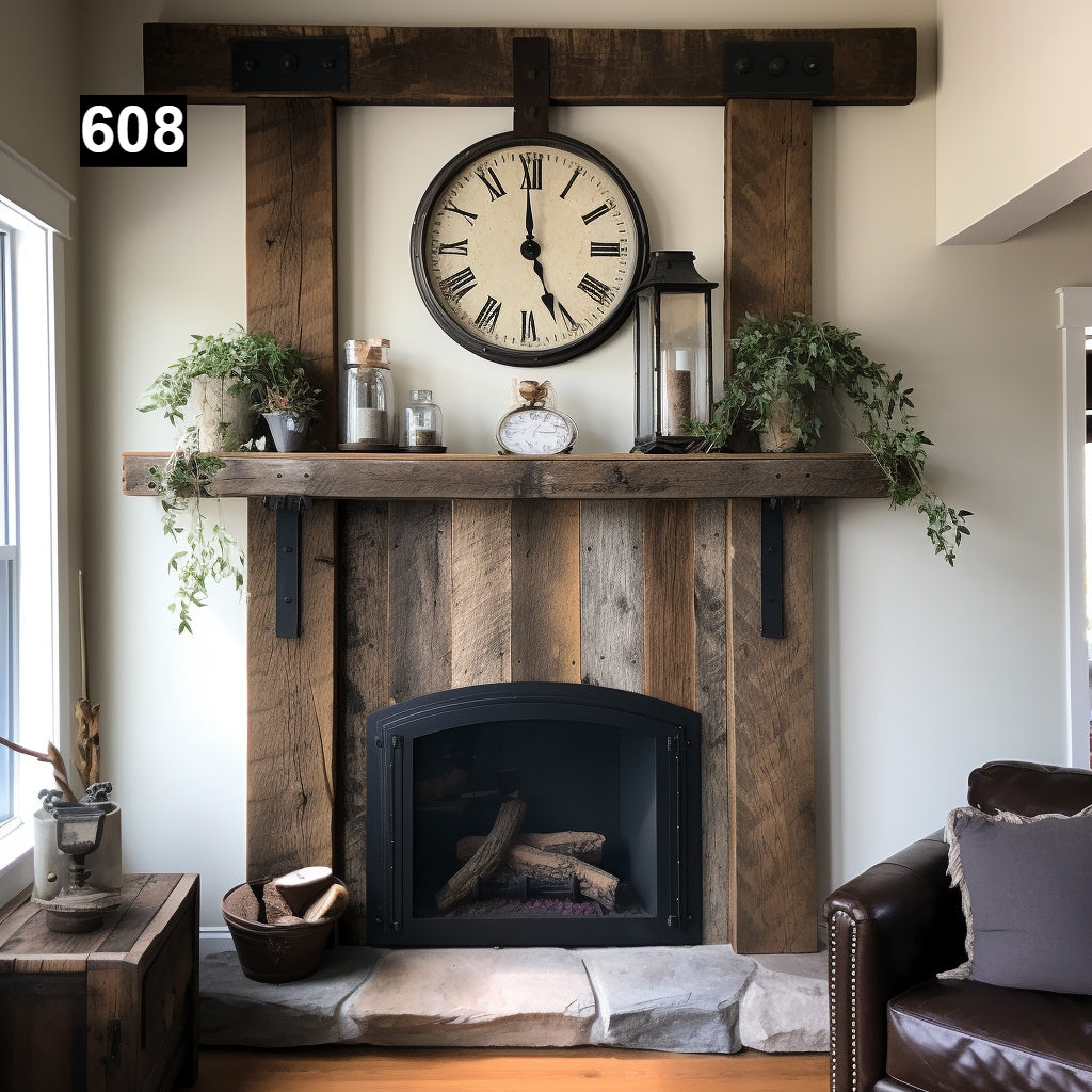 Custom reclaimed wood beam fireplace mantel with iron accents