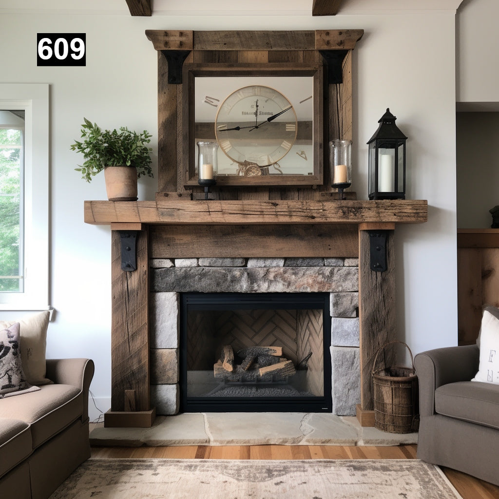 Custom reclaimed wood beam fireplace mantel with iron accents