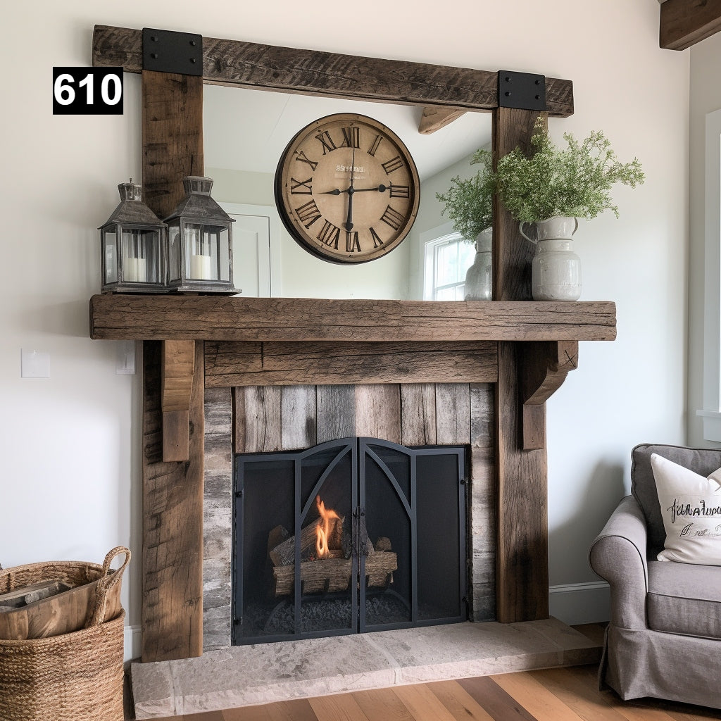 Custom reclaimed wood beam fireplace mantel with iron accents