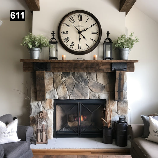 Rustic Reclaimed Wood Beam Mantel with Elegant Iron Accents #611