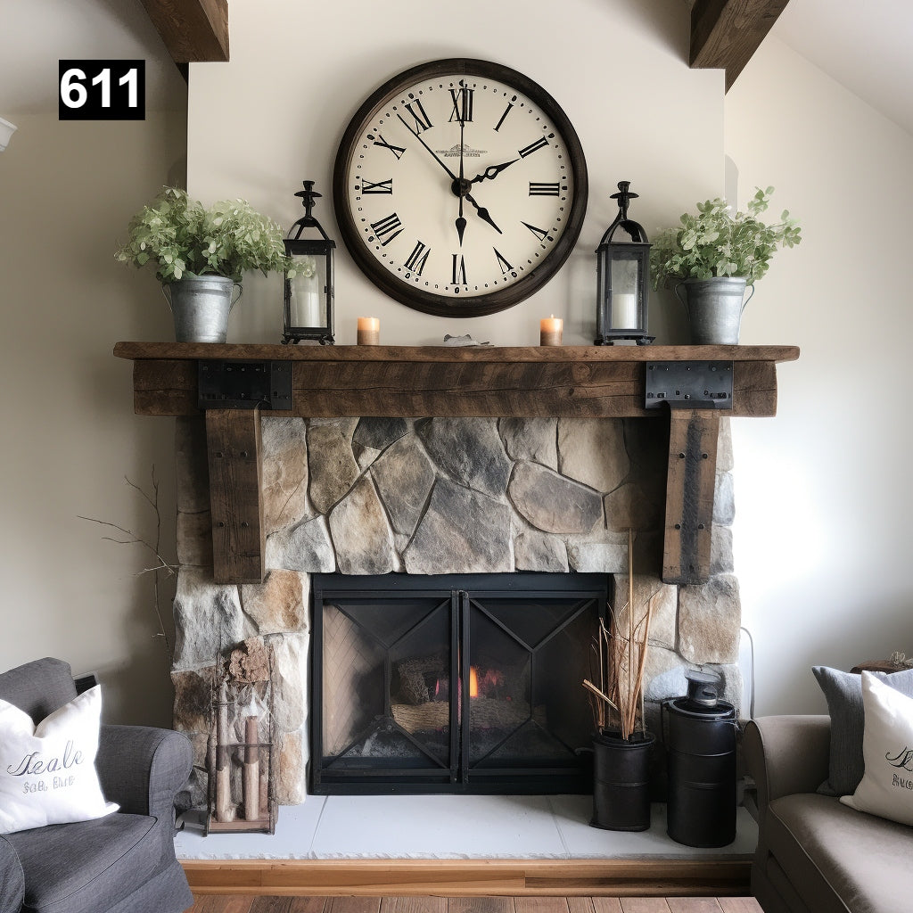 Custom reclaimed wood beam fireplace mantel with iron accents