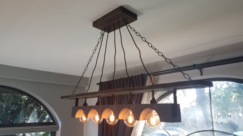 Rustic Industrial wood beam chandelier with iron accents