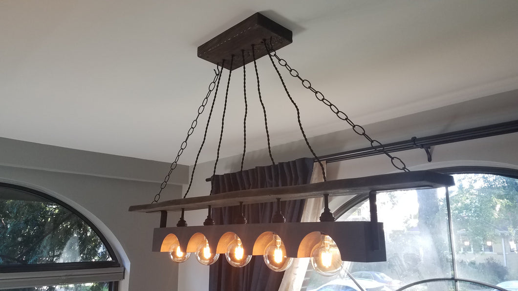 Rustic Industrial wood beam chandelier with iron accents