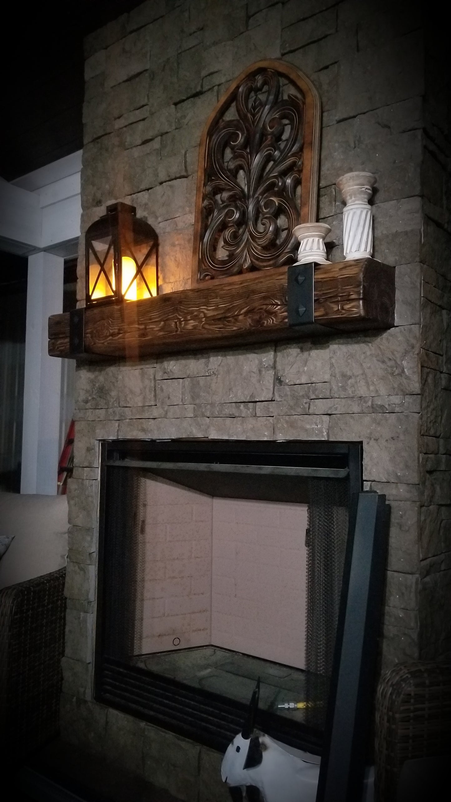REAL BEAM 6" x 8" Reclaimed wood beam fireplace mantel with iron brackets