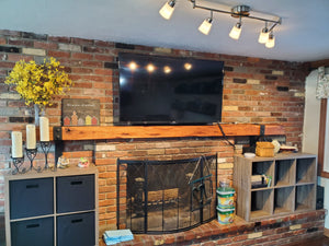 REAL BEAM 6" x 6" Reclaimed wood beam fireplace mantel with iron brackets