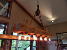 Load image into Gallery viewer, Rustic industrial twin beam chandelier with pulley