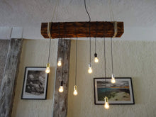 Load image into Gallery viewer, 4 foot Reclaimed Barn Wood Beam Chandelier with rope