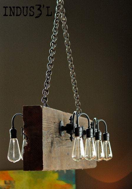 Reclaimed wood beam rustic industrial chandelier