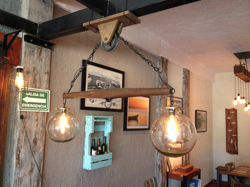 Rustic Yoke Suspended Lamp with Globes and pulley