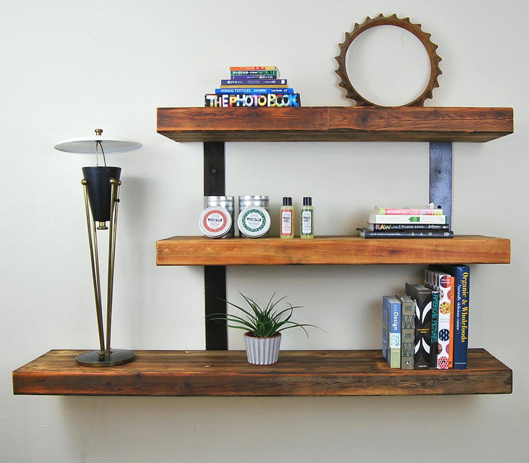 Reclaimed wood and iron wall bookshelf