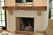 Load image into Gallery viewer, REAL BEAM 5&quot; x 10&quot; Reclaimed wood beam fireplace mantel with corbels or iron brackets