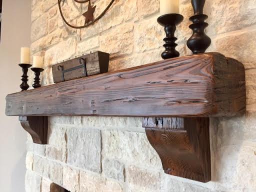 REAL BEAM 4" x 6" Reclaimed hand hewn wood beam fireplace mantel with corbels