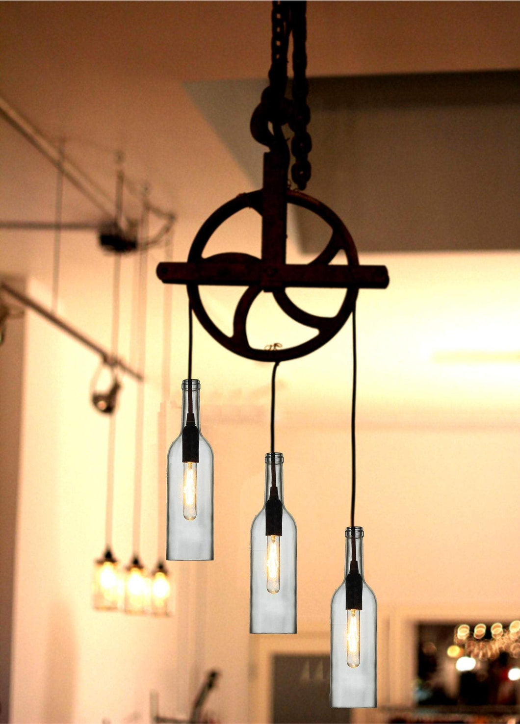Beautiful Pulley lamp with wine bottles