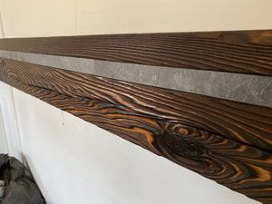 6" x 6" Fireplace mantel with a slate insert. All natural mantel. Full mantel. Real beam mantel.