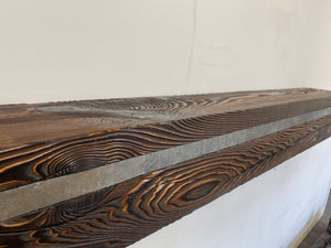 6" x 6" Fireplace mantel with a slate insert. All natural mantel. Full mantel. Real beam mantel.