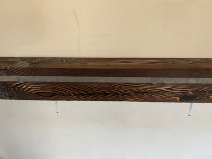 6" x 6" Fireplace mantel with a slate insert. All natural mantel. Full mantel. Real beam mantel.
